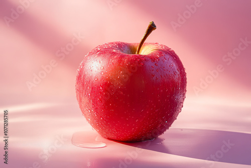 A fresh red apple adorned with water droplets, resting on a smooth pink gradient background. Perfect for use in food-related designs and healthy lifestyle themes.