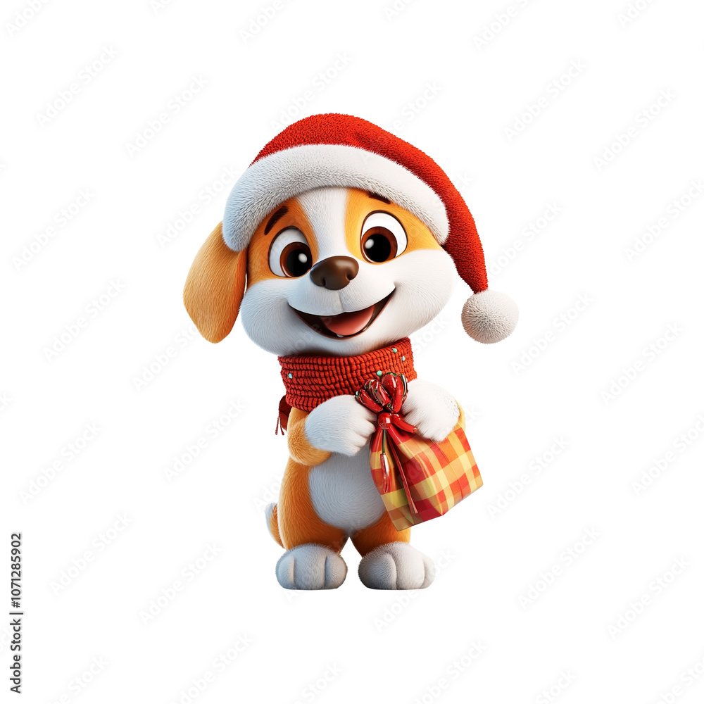 Cute Cartoon Puppy Wearing Santa Hat Holding a Gift Cute Cartoon Puppy Wearing Santa Hat Holding a Gift