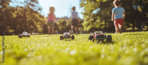 People racing RC cars in an open park, sunny day  photo