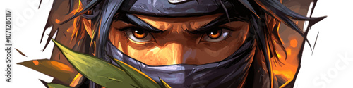 Intense Ninja Warrior Stealth Focus Art with Mask, Fire Background, Detailed Expression, Green Leaves, Epic Illustration, Shadows, Mystery, Dynamic Lighting