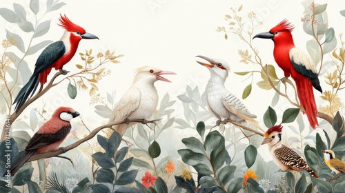 A scenic landscape in Australia with native birds like cockatoos and kookaburras perched on eucalyptus trees.