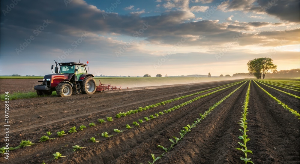 Tractor Tilling Soil in a Field at Sunset With Emerging Crops. Generative AI Tractor Tilling Soil in a Field at Sunset With Emerging Crops. Generative AI
