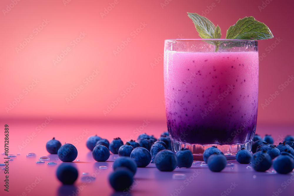 A vibrant glass of fresh blueberry juice garnished with mint sits on a sleek gradient background, showcasing its enticing colors and textures. Perfect for summer refreshment. A vibrant glass of fresh blueberry juice garnished with mint sits on a sleek gradient background, showcasing its enticing colors and textures. Perfect for summer refreshment.