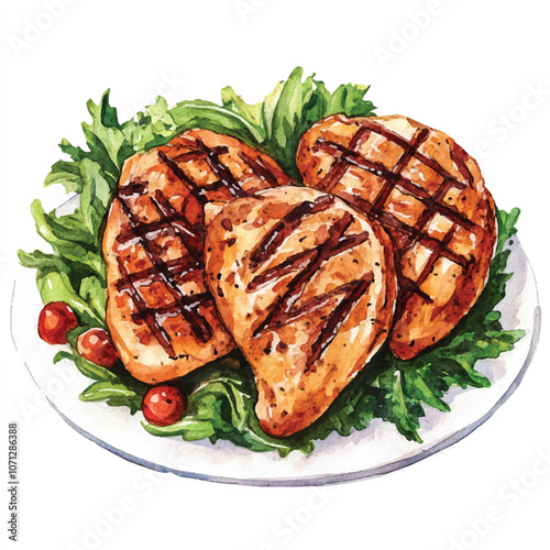 Grilled chicken watercolor clipart illustration