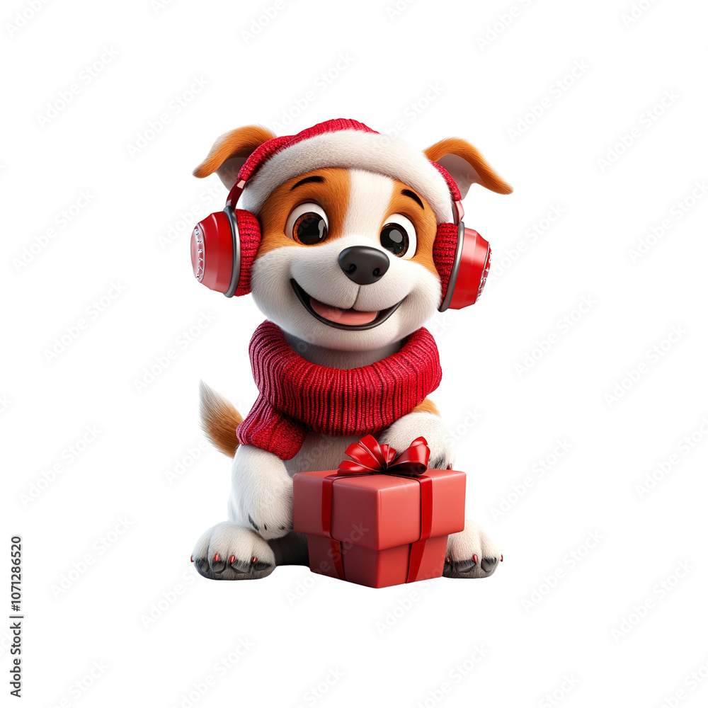 Cute Cartoon Dog Wearing Red Headphones and Holding a Christmas Present Cute Cartoon Dog Wearing Red Headphones and Holding a Christmas Present