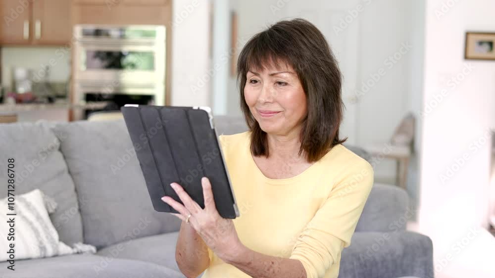 Smiling woman using work tablet scrolling reading communication sitting on home sofa. Smiling woman using work tablet scrolling reading communication sitting on home sofa.