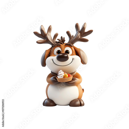 Cute Cartoon Reindeer Holding a Dessert