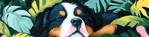 Blissful Bernese Mountain Dog Resting Amidst Vibrant Tropical Leaves Art, Colorful Foliage, Peaceful Pet Portrait, Relaxed Canine, Lush Jungle Vibes