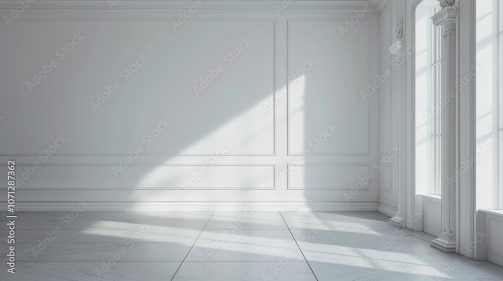 A spacious, minimalist room with white walls and a large window, perfect for a modern home. A spacious, minimalist room with white walls and a large window, perfect for a modern home.