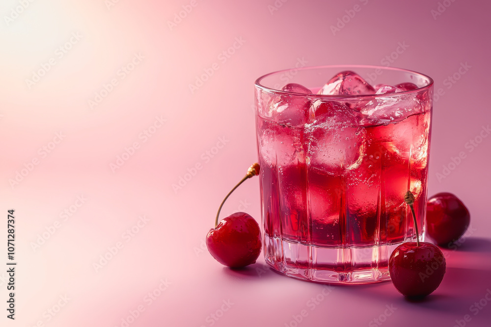 A refreshing glass of cherry juice filled with ice cubes sits elegantly against a smooth pink gradient background, perfect for summer drinks and appealing presentations. A refreshing glass of cherry juice filled with ice cubes sits elegantly against a smooth pink gradient background, perfect for summer drinks and appealing presentations.