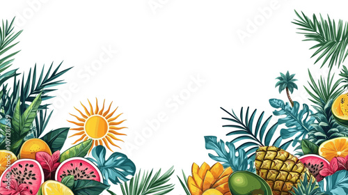 Lush Tropical Design with Vibrant Pineapples, Mangoes, Papayas, and Exotic Leaves Framing a Sunlit Paradise: Perfect for Summery, Fresh Themes and Decor