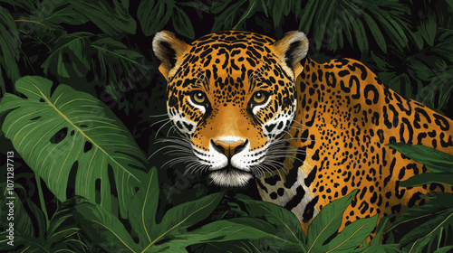 Majestic Jaguar in Lush Green Jungle Vegetation with Monstera Leaves Capturing the Beauty of Wildlife and Nature in a Stunning High-Resolution Wildlife Image