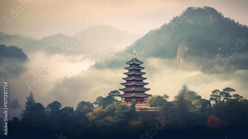 Misty Pagoda Landscape