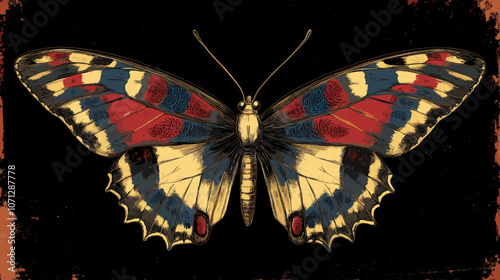 Intricately Detailed Butterfly with Vibrant Red Blue Yellow Wings on Dark Background Perfect for Nature Enthusiasts and Butterfly Art Collectors