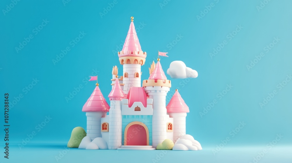 A Cartoon Pink Castle with White Stone Walls and Yellow Details on a Blue Background A Cartoon Pink Castle with White Stone Walls and Yellow Details on a Blue Background