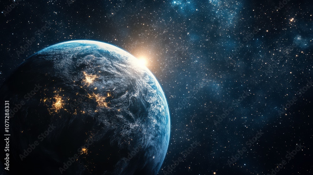 Fototapeta premium Stunning View of Earth in Space Showcasing Vibrant Cities at Dusk. Generative AI
