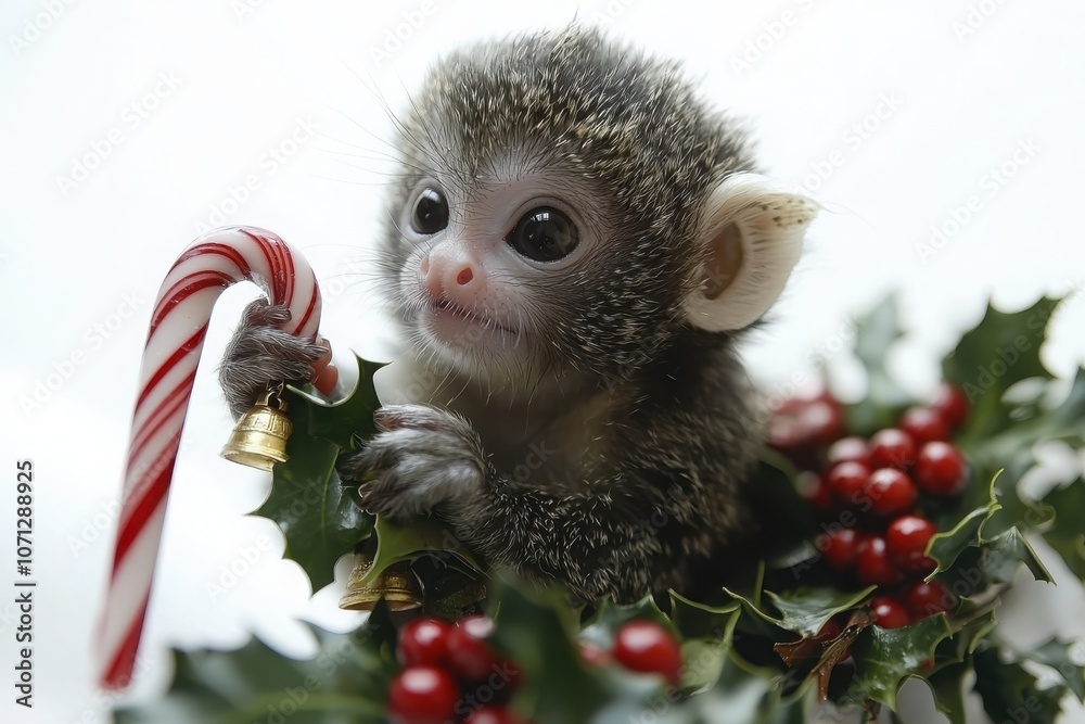 Fototapeta premium Create a charming marmoset bracelet featuring holly sprigs and jingle bells for festive cheer