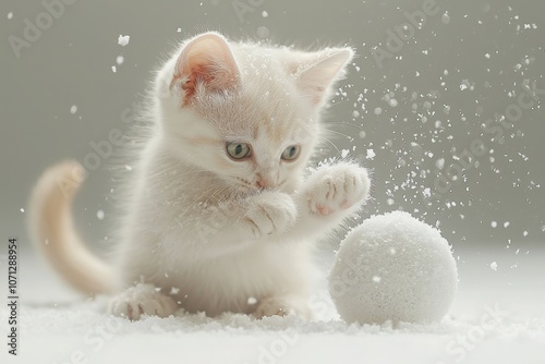 Munchkin kitten with short legs plays in a delightful shower of snowflakes photo