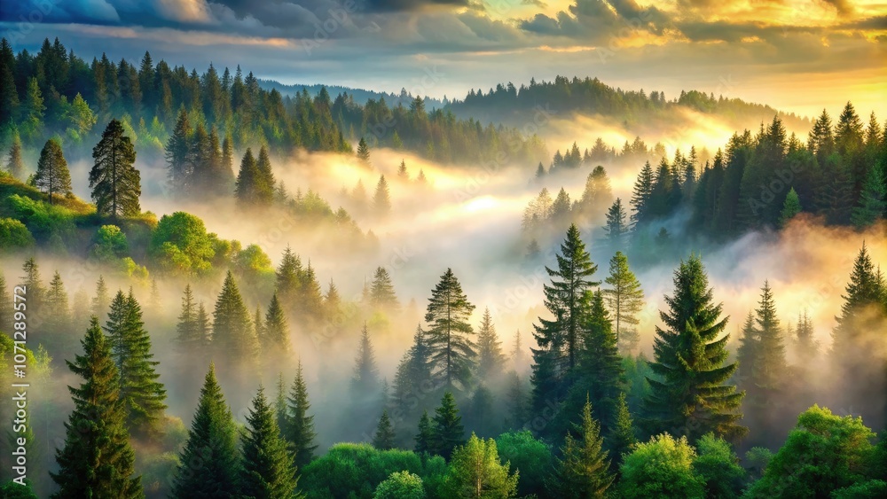 Misty Morning in a Coniferous Forest - Scenic Woodland Landscape with Pine Trees and Green Hills Misty Morning in a Coniferous Forest - Scenic Woodland Landscape with Pine Trees and Green Hills