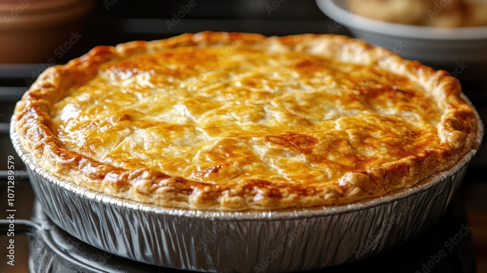 A freshly baked pie with a golden crust in a foil pan. A freshly baked pie with a golden crust in a foil pan.