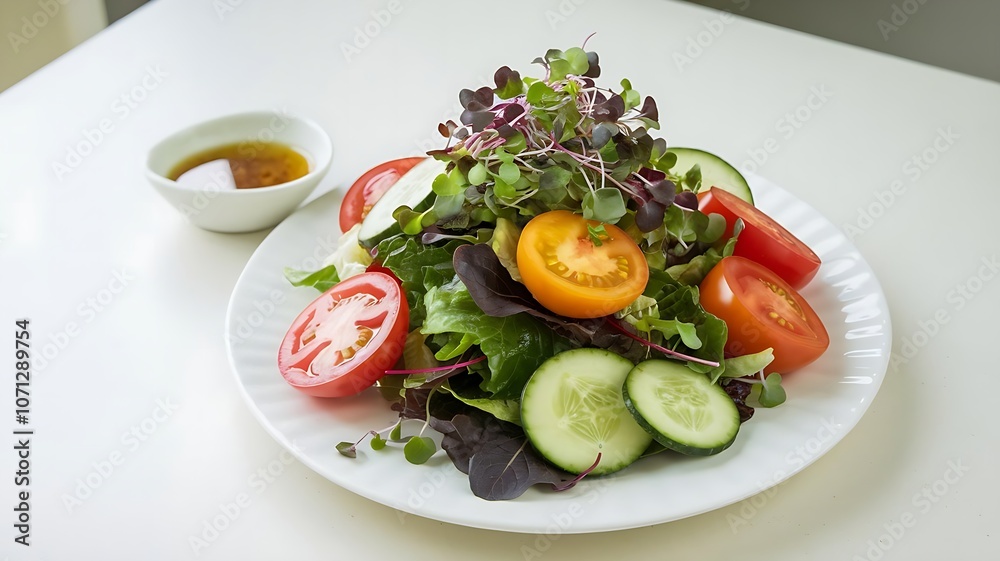 A fresh, colorful farm-to-table salad with heirloom tomatoes, cucumbers, avocado, and microgreens on a white plate with dressing nearby A fresh, colorful farm-to-table salad with heirloom tomatoes, cucumbers, avocado, and microgreens on a white plate with dressing nearby
