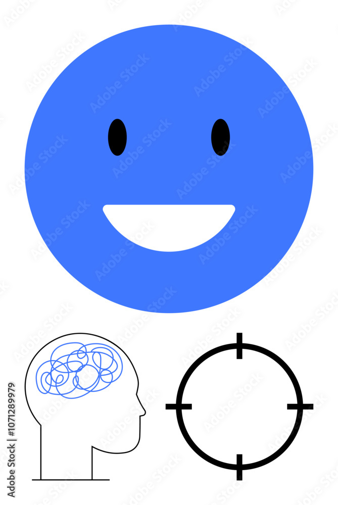 Fototapeta premium Smiling blue face emoticon, human head with tangled lines representing confusion, circular target reticle. Ideal for mental health, emotions, focus, psychology, mindfulness stress therapy. Line