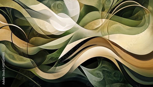 Abstract Art with Green, White, and Brown Curved Shapes photo