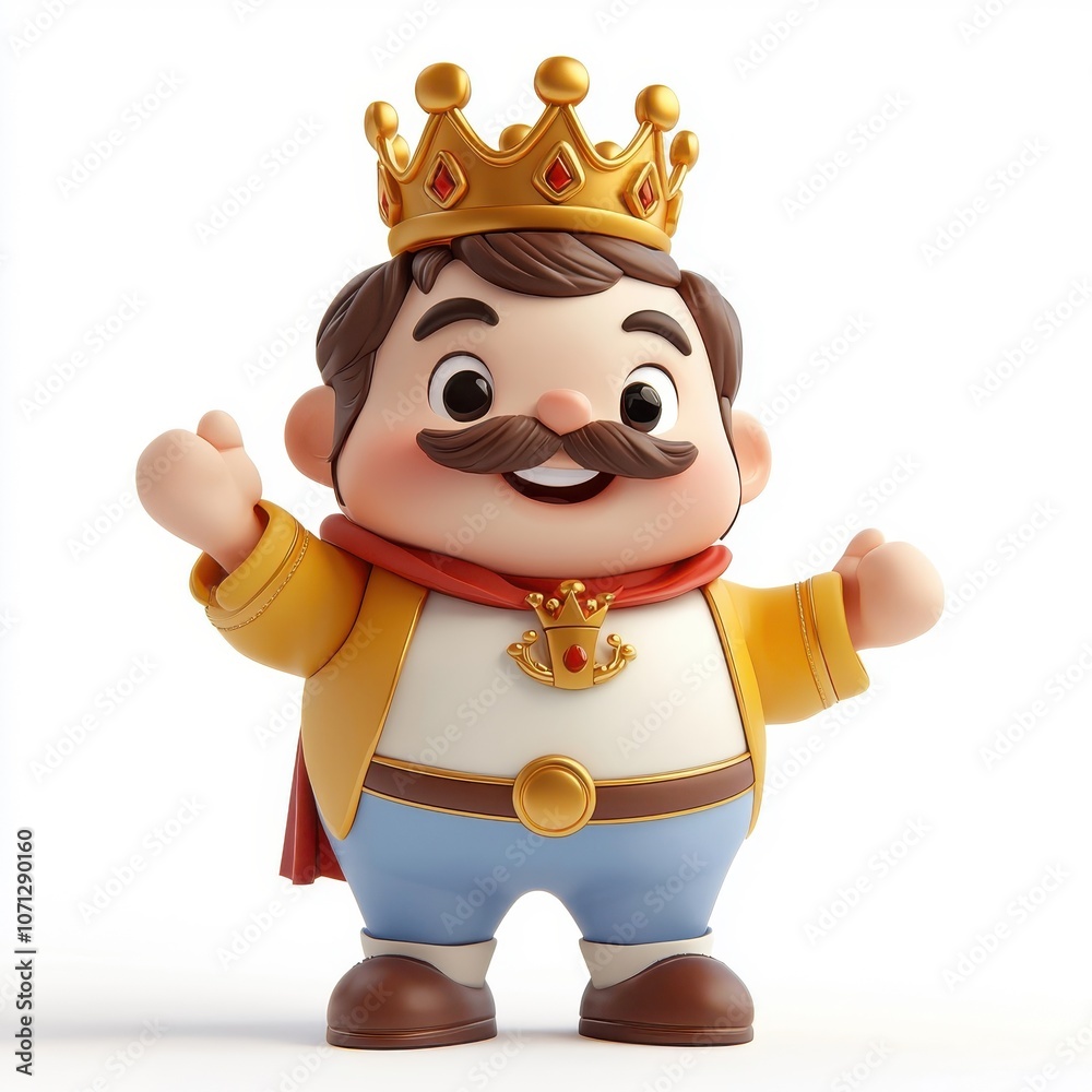 Fototapeta premium 3D cartoon character wearing a king crown, cheerful and playful, isolated on white background.
