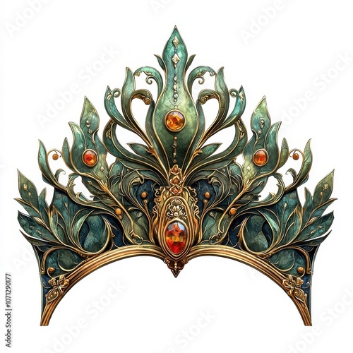 Art Nouveau style depiction of a king crown, highlighting elegant curves and ornate details, isolated on white.