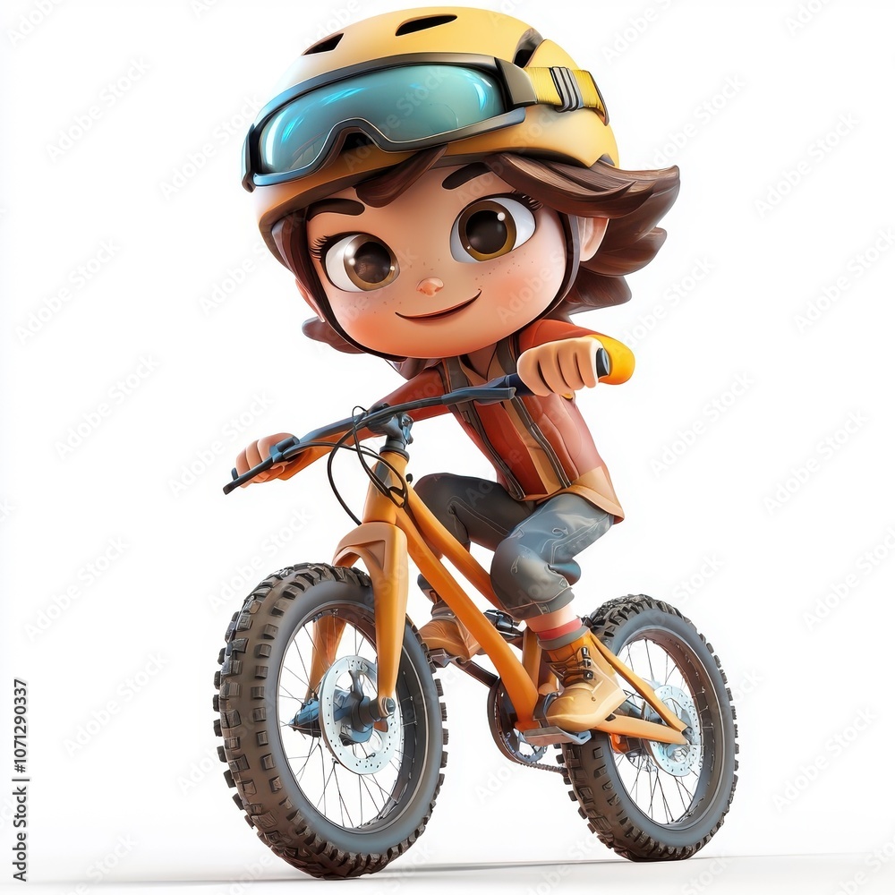 Obraz premium 3D cartoon character riding a mountain bike, energetic and playful, isolated on white background.