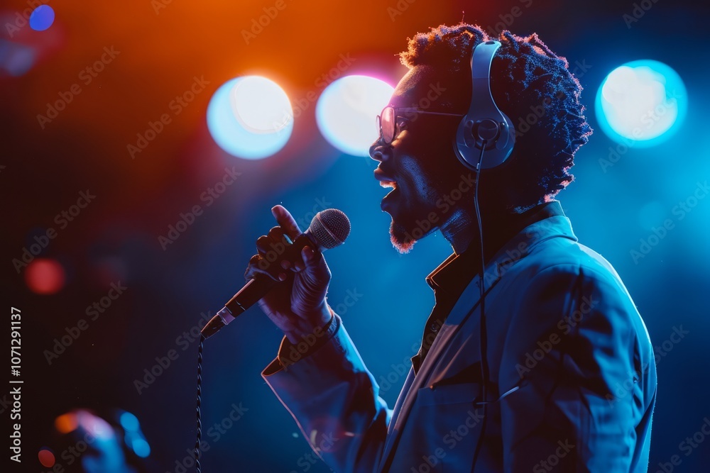 Fototapeta premium Dynamic performance by a motivational speaker using a headset on stage