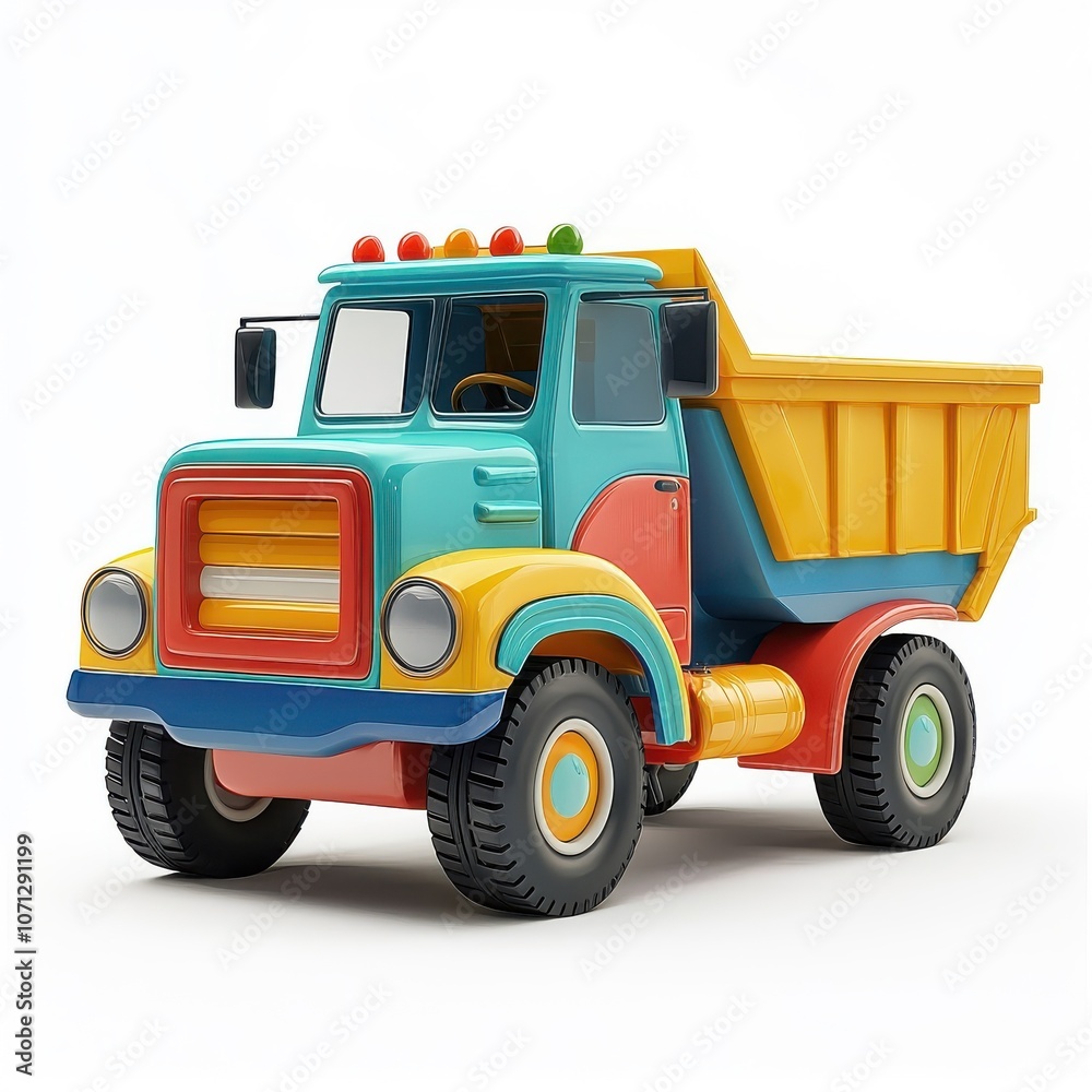 3D cartoon dump truck, playful and vibrant, isolated on white background.