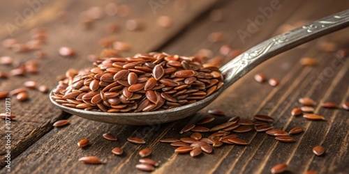 Flaxseed on a S A closeup of a sful of flaxseeds presenting the seeds shiny exterior and rich color against the backdrop of a wooden table emphasizing their nutritional value. photo