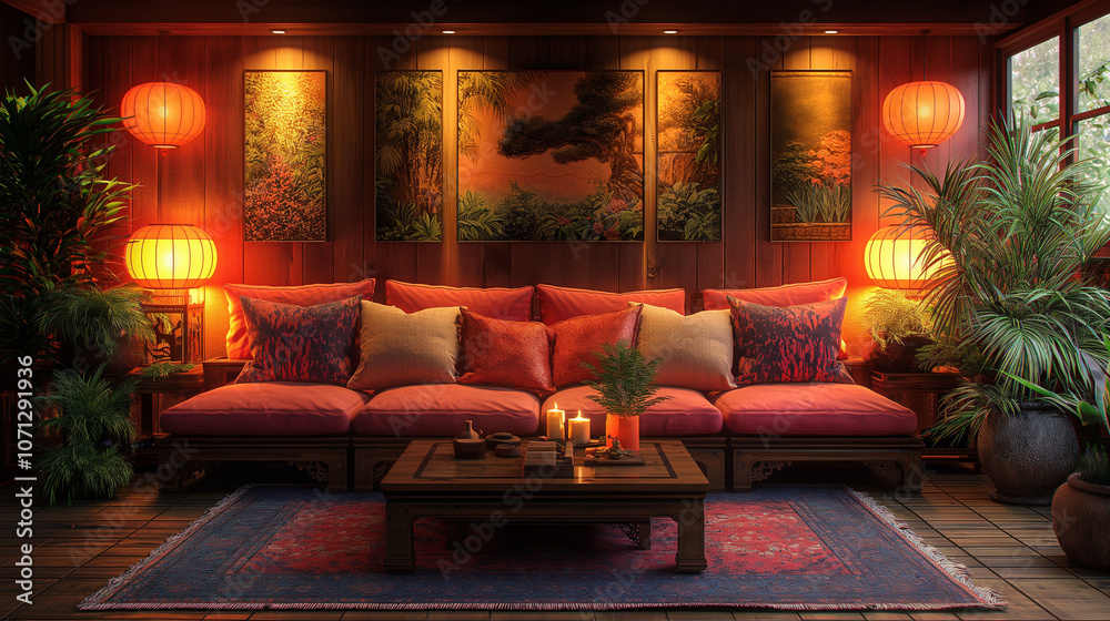 Obraz premium Interior of living room with sofas, coffee table and glowing lamps. Design concept