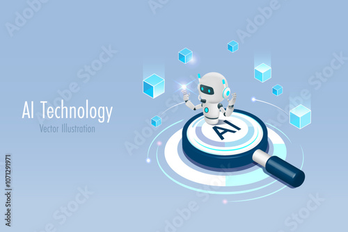 Artificial intelligence robot on AI magnifying glass with block chain. Powerful search engine innovation technology to defines smart solution in futuristic background. 3D vector.