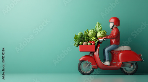 delivery man on red scooter carries fresh vegetables, showcasing vibrant and modern style. scene is lively and colorful, perfect for food related themes