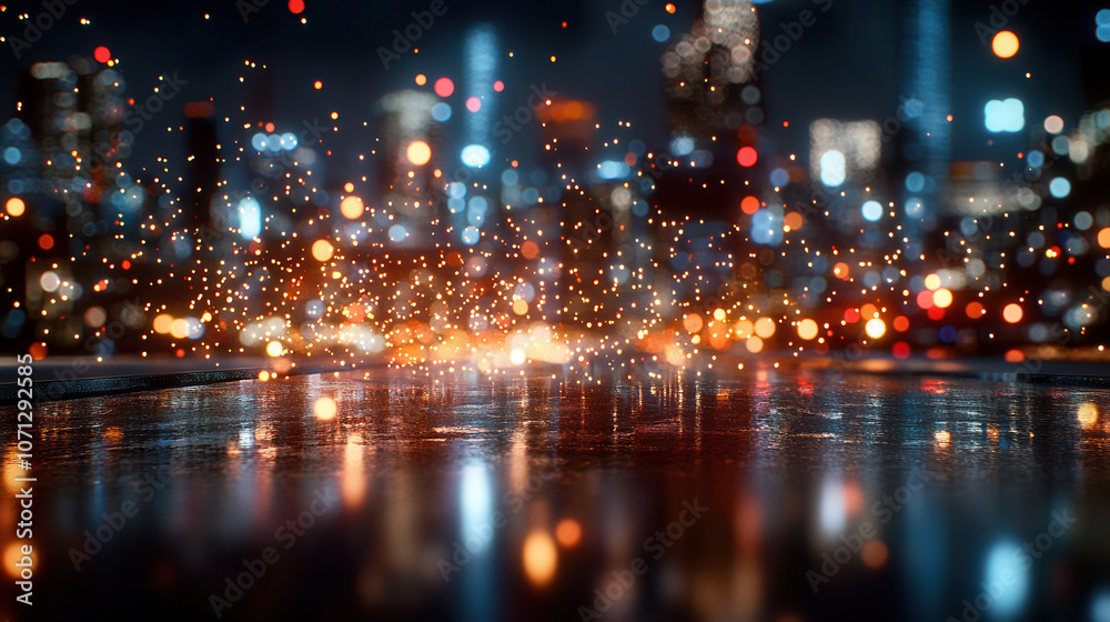 Fototapeta premium vibrant cityscape at night with sparkling lights and reflections on wet surfaces creates dynamic atmosphere. colorful bokeh effect enhances urban scene energy and depth