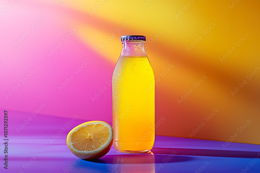A refreshing bottle of lemon juice sits beside a sliced lemon on a colorful gradient background, evoking a bright and summery feel, perfect for beverages or nature themes. A refreshing bottle of lemon juice sits beside a sliced lemon on a colorful gradient background, evoking a bright and summery feel, perfect for beverages or nature themes.