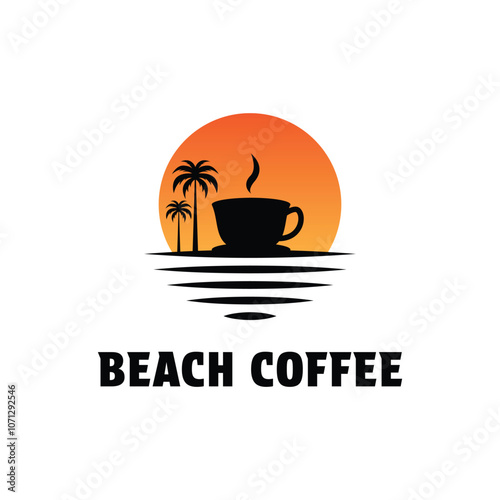 beach coffee sunset logo design concept idea with palm tree and sun photo