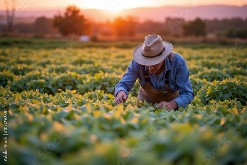 Middle-aged farmer in overalls and straw hat tends to crops at sunset, examining plants with dedication. Agriculture, farming, harvest.