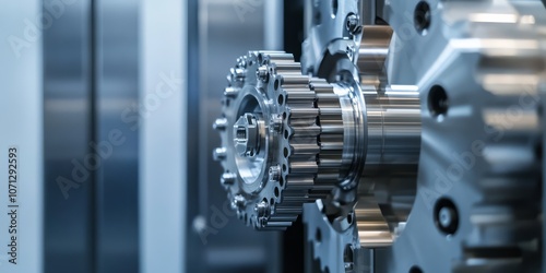 Precision Engineering: Close-up of intricate metal gears in a high-tech machine, showcasing precision manufacturing and industrial technology.