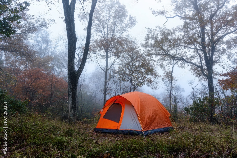 Bright Orange Tent in Secluded Forest Setting Bright Orange Tent in Secluded Forest Setting