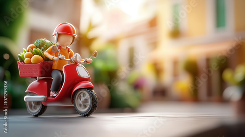 delivery man on red scooter carries fresh fruits and vegetables in basket, showcasing vibrant urban setting. scene conveys sense of community and convenience