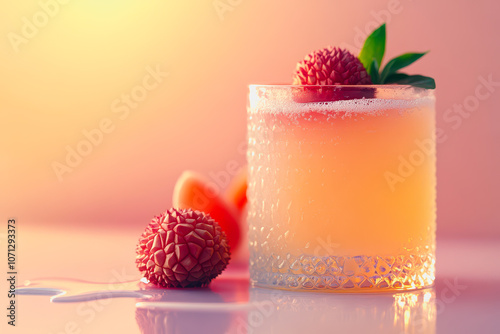 A refreshing glass of lychee juice garnished with fresh fruit sits on a soft gradient background. Ideal for summer-themed projects or beverage promotions.