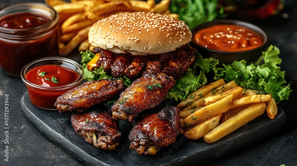 A tempting meal of chicken wings and fries. A tempting meal of chicken wings and fries.