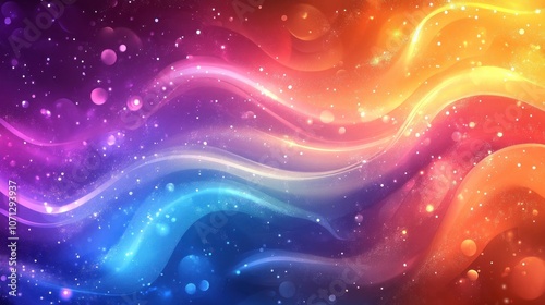 Abstract colorful background with glowing waves and bokeh lights.