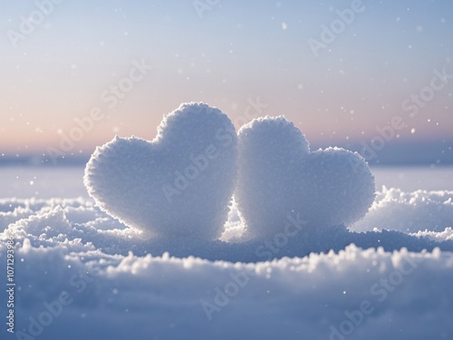 Obraz na płótnie Two hearts made of snow against the evening sky, romantic winter background w salonie