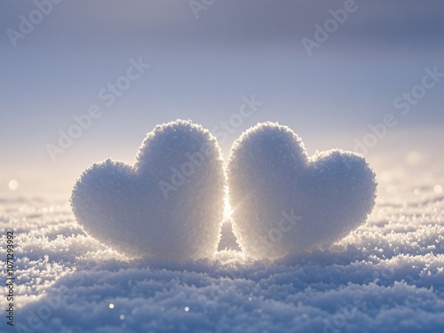 Two hearts made of snow against the evening sky, romantic winter background