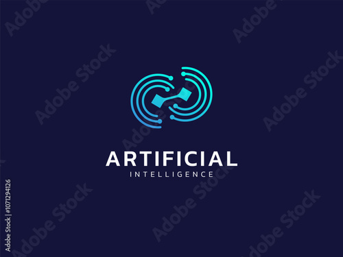 Artificial intelligence with twisted infinity network lines double circle symbol technology Analysis logo vector design concept. AI technology logotype symbol for advance technology, tech company, ui.