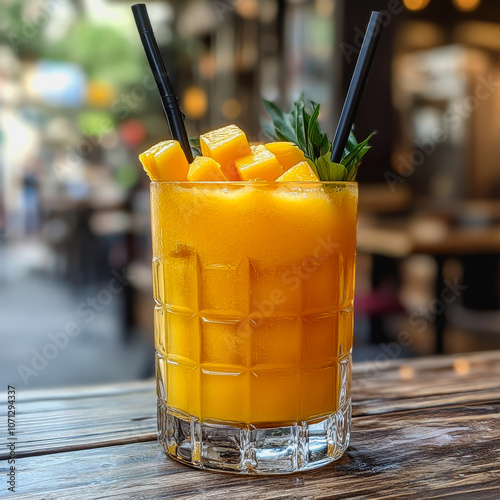 Enjoy this refreshing mango juice in a clear glass, topped with ripe fruit and mint, perfect for summer days and vibrant gatherings. photo